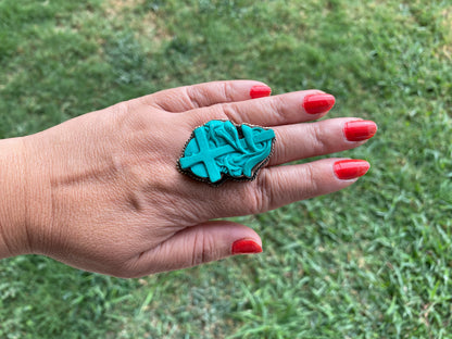 Large Adjustable Compressed Turquoise Tibetan Silver Ring, Cross, Hamsa, Bear or Marijuana's Leaf Carved Rings, Bohemian Jewelry