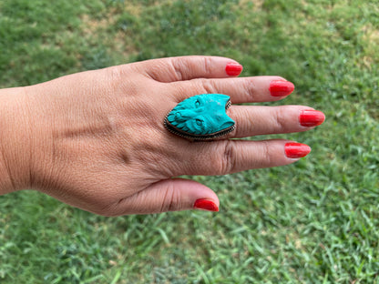 Large Adjustable Compressed Turquoise Tibetan Silver Ring, Cross, Hamsa, Bear or Marijuana's Leaf Carved Rings, Bohemian Jewelry