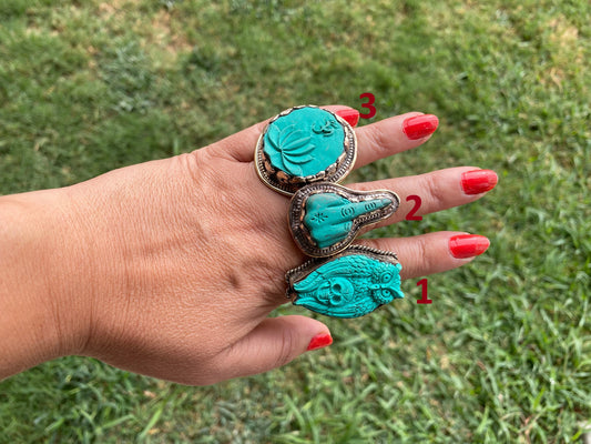Large Adjustable Compressed Turquoise Tibetan Silver Ring, Owl with Skull, Middle Finger or Lotus with Om Carved Rings, Statement Big Ring