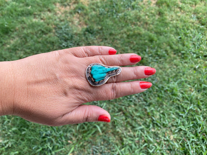 Large Adjustable Compressed Turquoise Tibetan Silver Ring, Owl with Skull, Middle Finger or Lotus with Om Carved Rings, Statement Big Ring