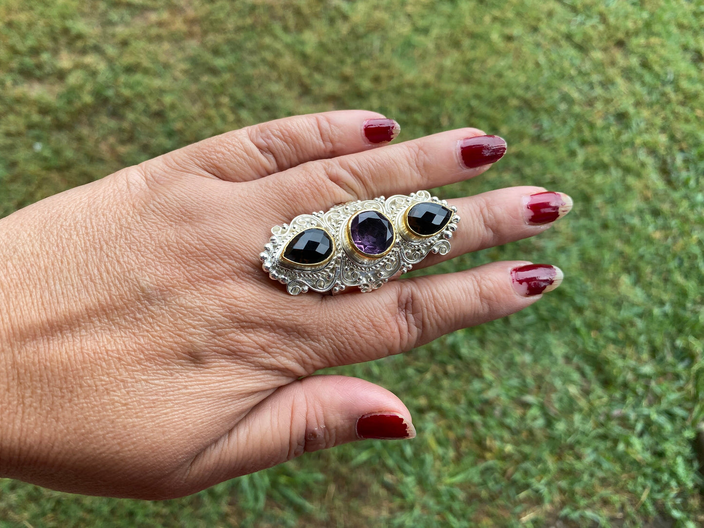 Large Adjustable Gemstone Ring, Two Tone Silver & Gold Overlay Ring, Amethyst with Smoky Topaz Ring, Large Band Ring, Statement Ring