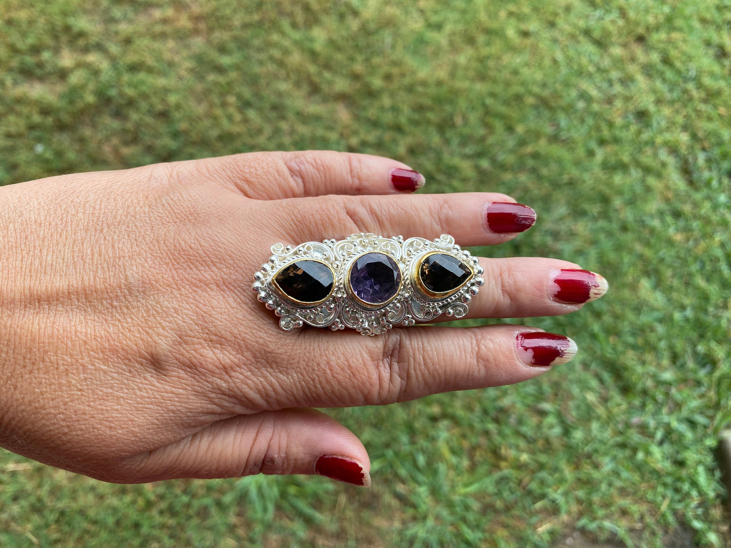 Large Adjustable Gemstone Ring, Two Tone Silver & Gold Overlay Ring, Amethyst with Smoky Topaz Ring, Large Band Ring, Statement Ring