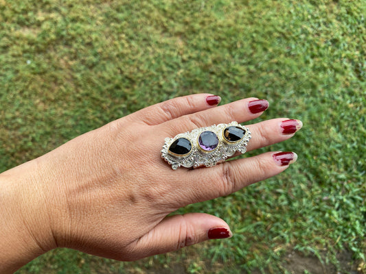 Large Adjustable Multi Gemstone Ring,  Two Tone Ring, Gold and Silver Overlay Ring, Amethyst with Smoky Topaz, Statement Ring, Boho Ring