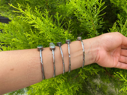 Large Adjustable Natural Emerald Antique Silver Cuff Bracelet | Oxidized Silver Overlay Jewelry, Unique Boho Gemstone Bangle