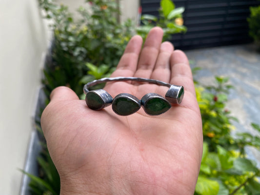 Large Adjustable Natural Emerald Antique Silver Cuff Bracelet | Oxidized Silver Overlay Jewelry, Unique Boho Gemstone Bangle