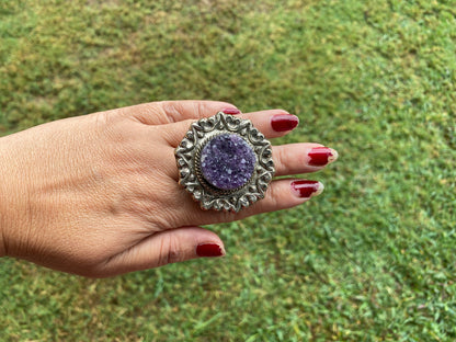 Large Adjustable Natural Raw Amethyst Druzy Tibetan Silver Ring, Natural Stone Large Ring, Statement Ring, Tibetan Big Ring, Boho ring