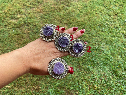 Large Adjustable Natural Raw Amethyst Druzy Tibetan Silver Ring, Natural Stone Large Ring, Statement Ring, Tibetan Big Ring, Boho ring