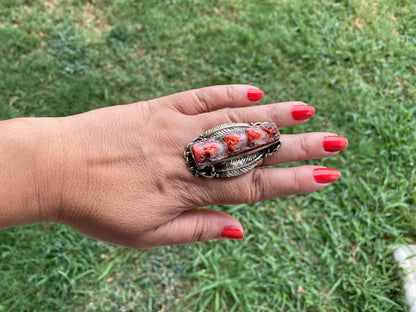 Large Adjustable Natural Spiny Oyster Tibetan Silver Ring, Spiny Oyster Jewelry, Southwest Ring, Statement Ring, Native American Style