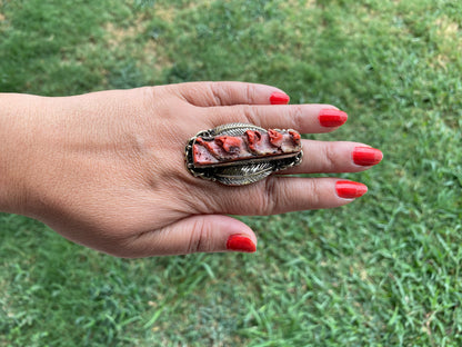 Large Adjustable Natural Spiny Oyster Tibetan Silver Ring, Spiny Oyster Jewelry, Southwest Ring, Statement Ring, Native American Style