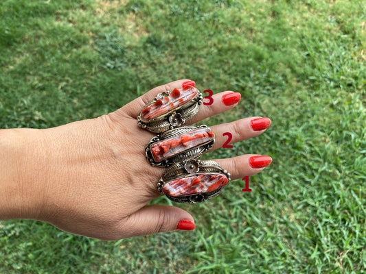 Large Adjustable Natural Spiny Oyster Tibetan Silver Ring, Spiny Oyster Jewelry, Southwest Ring, Statement Ring, Native American Style
