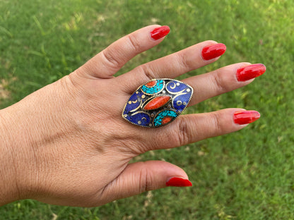 Large Adjustable Tibetan Silver Ring, Turquoise, Coral & Lapis Inlay Ring, Statement Ring, Ethnic Women Ring, Bohemian Hill Tribe Jewelry