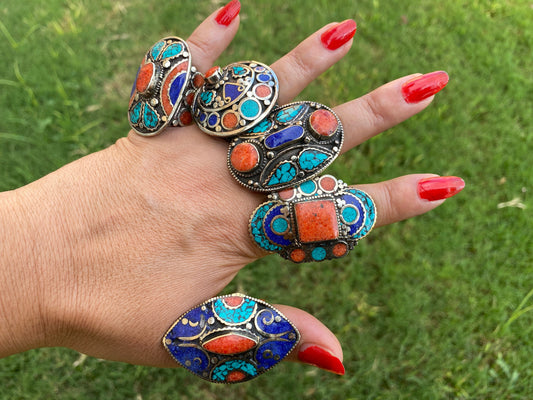 Large Adjustable Tibetan Silver Ring, Turquoise, Coral & Lapis Inlay Ring, Statement Ring, Ethnic Women Ring, Bohemian Hill Tribe Jewelry