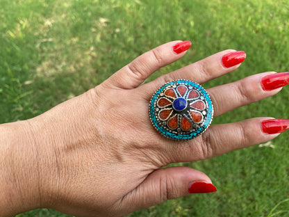 Large Adjustable Tibetan Silver Ring, Turquoise, Coral & Lapis Inlay Ring, Statement Ring, Ethnic Women Ring, Bohemian Hill Tribe Jewelry