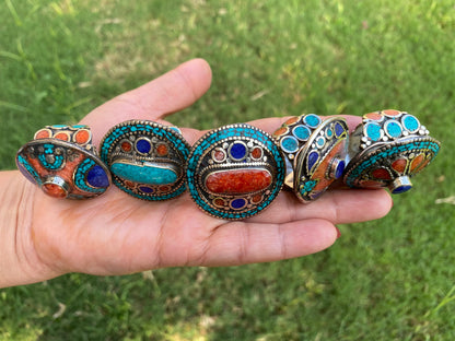 Large Adjustable Tibetan Silver Ring, Turquoise, Coral & Lapis Inlay Ring, Statement Ring, Ethnic Women Ring, Bohemian Hill Tribe Jewelry