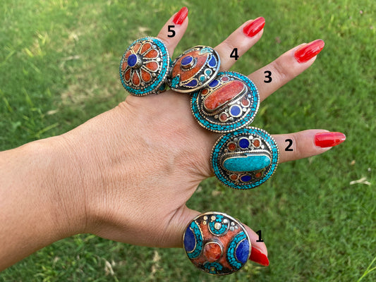 Large Adjustable Tibetan Silver Ring, Turquoise, Coral & Lapis Inlay Ring, Statement Ring, Ethnic Women Ring, Bohemian Hill Tribe Jewelry