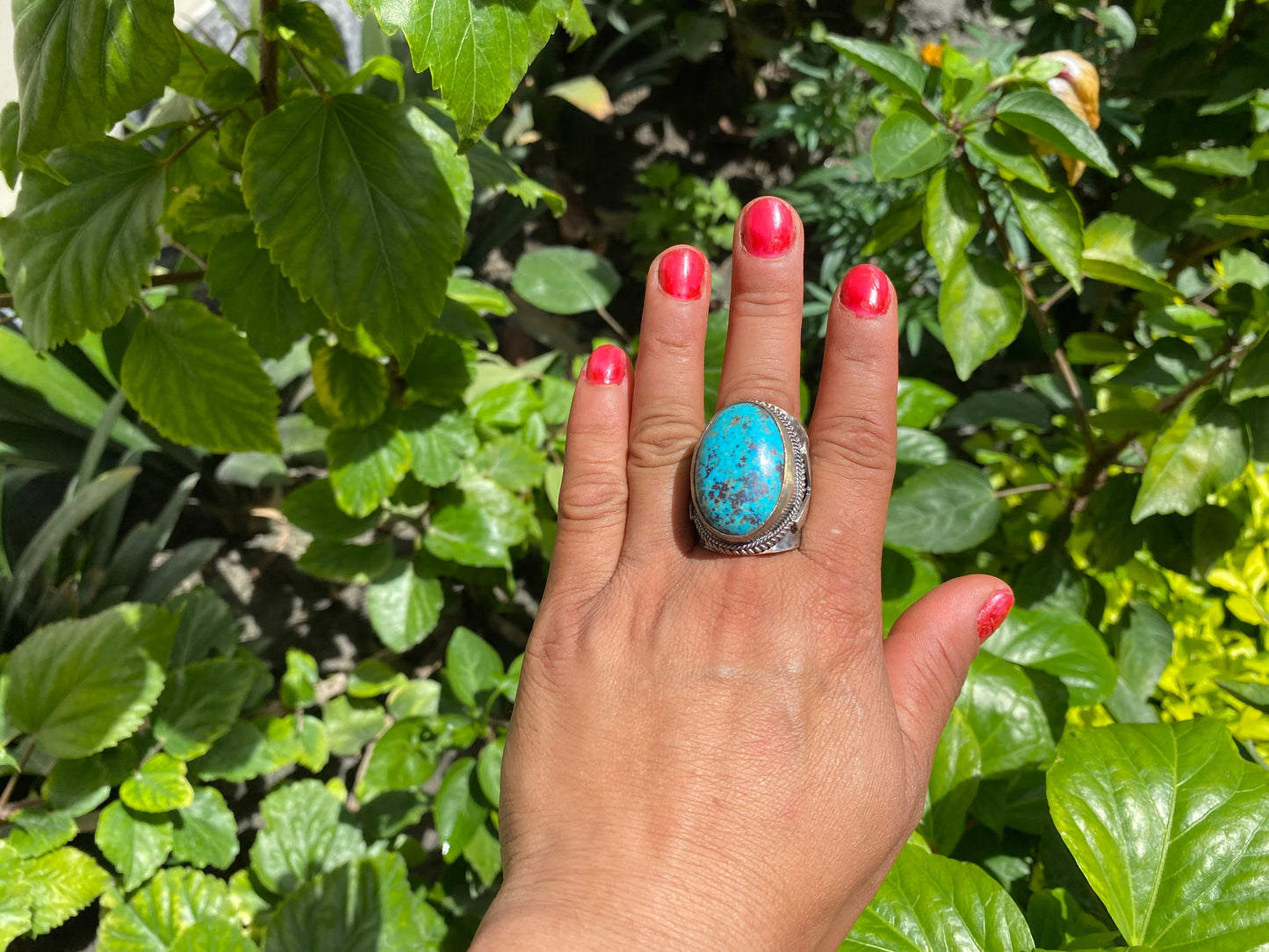 Large Adjustable Two-Tone Natural Turquoise Ring with Butterfly Design in Silver Overlay Brass | Handmade Ring, Bohemian Jewelry, Big Stone