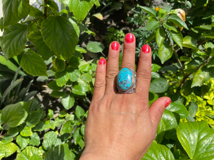 Large Adjustable Two-Tone Natural Turquoise Ring with Butterfly Design in Silver Overlay Brass | Handmade Ring, Bohemian Jewelry, Big Stone