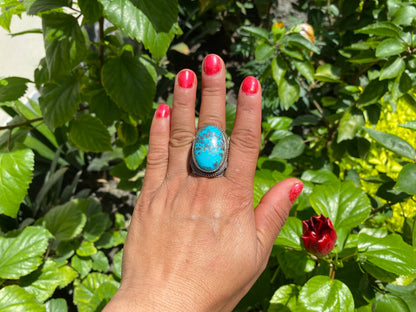 Large Adjustable Two-Tone Natural Turquoise Ring with Butterfly Design in Silver Overlay Brass | Handmade Ring, Bohemian Jewelry, Big Stone