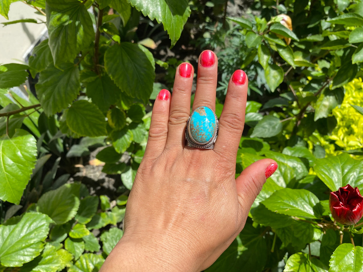 Large Adjustable Two-Tone Natural Turquoise Ring with Butterfly Design in Silver Overlay Brass | Handmade Ring, Bohemian Jewelry, Big Stone