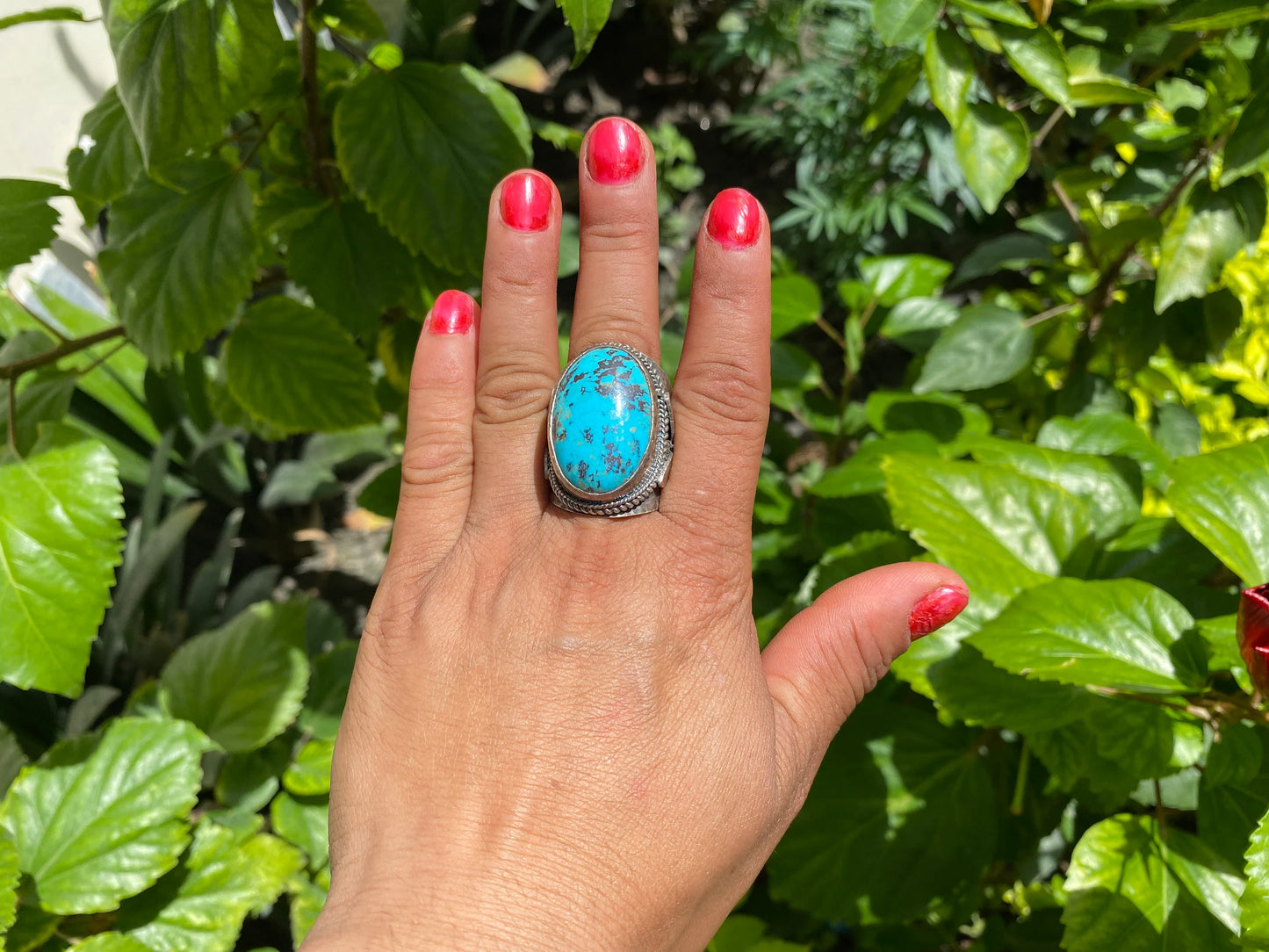 Large Adjustable Two-Tone Natural Turquoise Ring with Butterfly Design in Silver Overlay Brass | Handmade Ring, Bohemian Jewelry, Big Stone