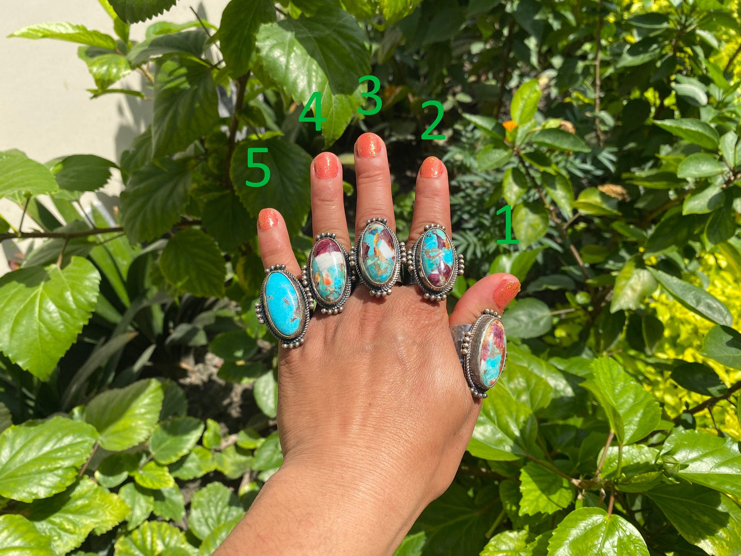 Large Adjustable Two-Tone Natural Turquoise with Spiny Oyster Ring | Silver Overlay Brass Bohemian Fashion Ring, Hammered Protection Jewelry