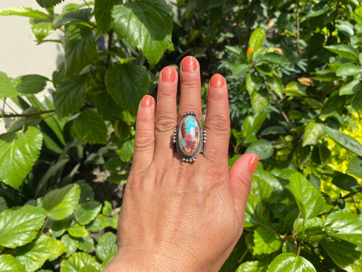 Large Adjustable Two-Tone Natural Turquoise with Spiny Oyster Ring | Silver Overlay Brass Bohemian Fashion Ring, Hammered Protection Jewelry