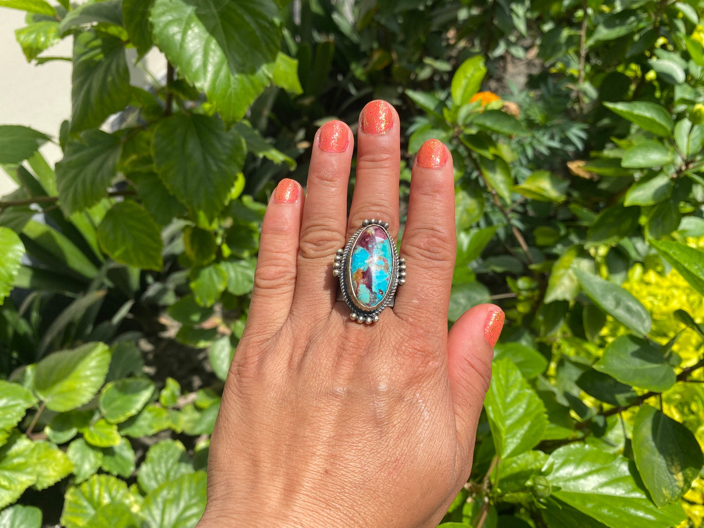 Large Adjustable Two-Tone Natural Turquoise with Spiny Oyster Ring | Silver Overlay Brass Bohemian Fashion Ring, Hammered Protection Jewelry