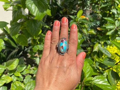 Large Adjustable Two-Tone Natural Turquoise with Spiny Oyster Ring | Silver Overlay Brass Bohemian Fashion Ring, Hammered Protection Jewelry