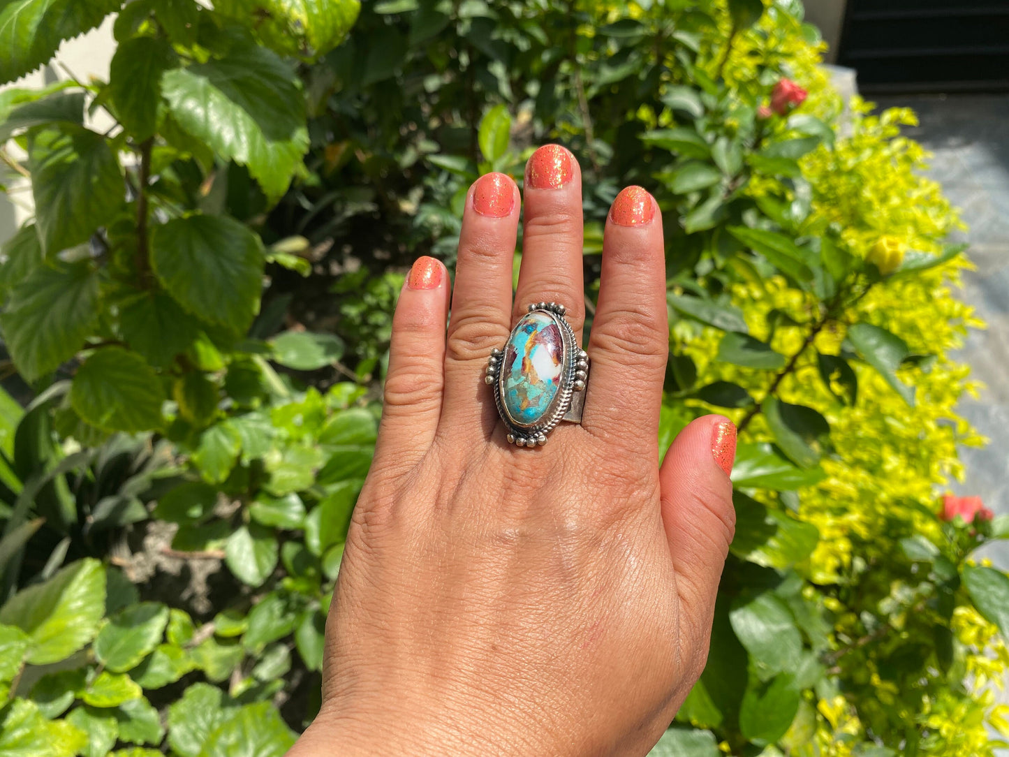 Large Adjustable Two-Tone Natural Turquoise with Spiny Oyster Ring | Silver Overlay Brass Bohemian Fashion Ring, Hammered Protection Jewelry