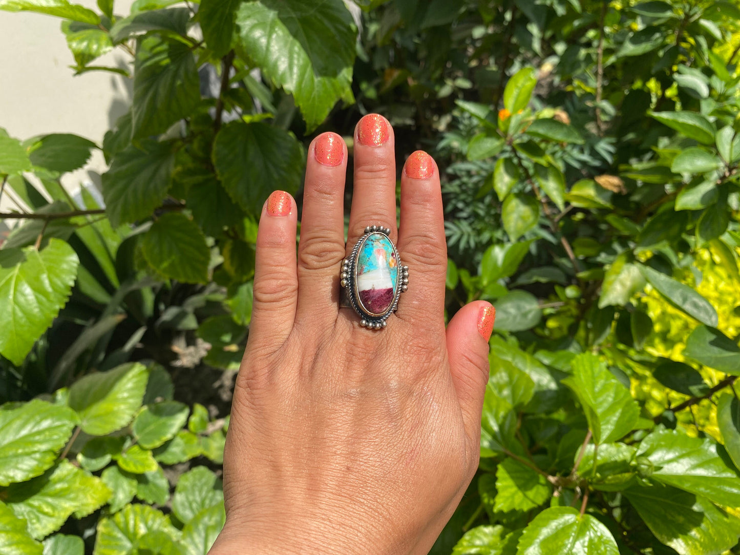 Large Adjustable Two-Tone Natural Turquoise with Spiny Oyster Ring | Silver Overlay Brass Bohemian Fashion Ring, Hammered Protection Jewelry