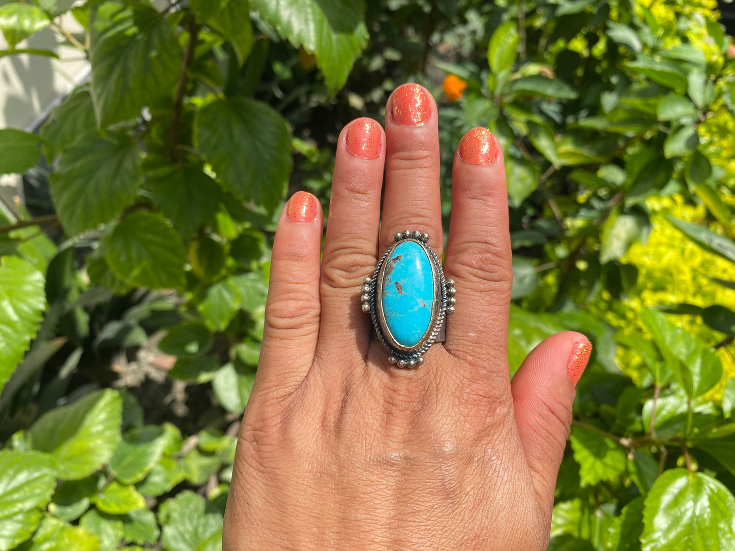Large Adjustable Two-Tone Natural Turquoise with Spiny Oyster Ring | Silver Overlay Brass Bohemian Fashion Ring, Hammered Protection Jewelry