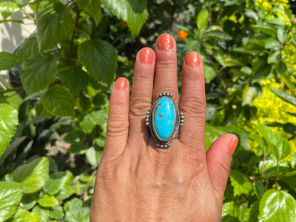 Large Adjustable Two-Tone Natural Turquoise with Spiny Oyster Ring | Silver Overlay Brass Bohemian Fashion Ring, Hammered Protection Jewelry