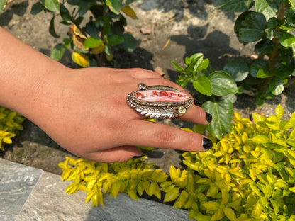 Large Aesthetic Spiny Oyster Tibetan Silver Ring, Hammered Ring.