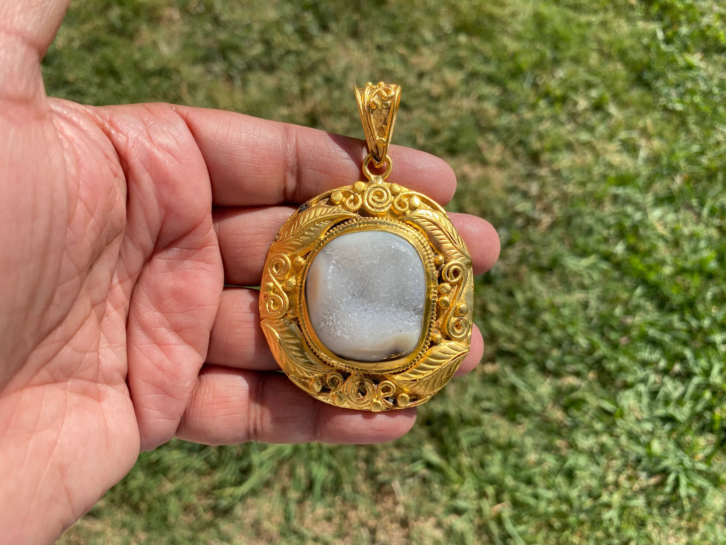 Large Agate Druzy Pendant, Non Tarnish Brushed Gold Overlay, Natural Gemstone Pendant, Healing Crystal, Ethnic Jewelry, Luxury Pendant
