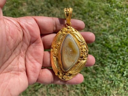 Large Agate Druzy Pendant, Non Tarnish Brushed Gold Overlay, Natural Gemstone Pendant, Healing Crystal, Ethnic Jewelry, Luxury Pendant