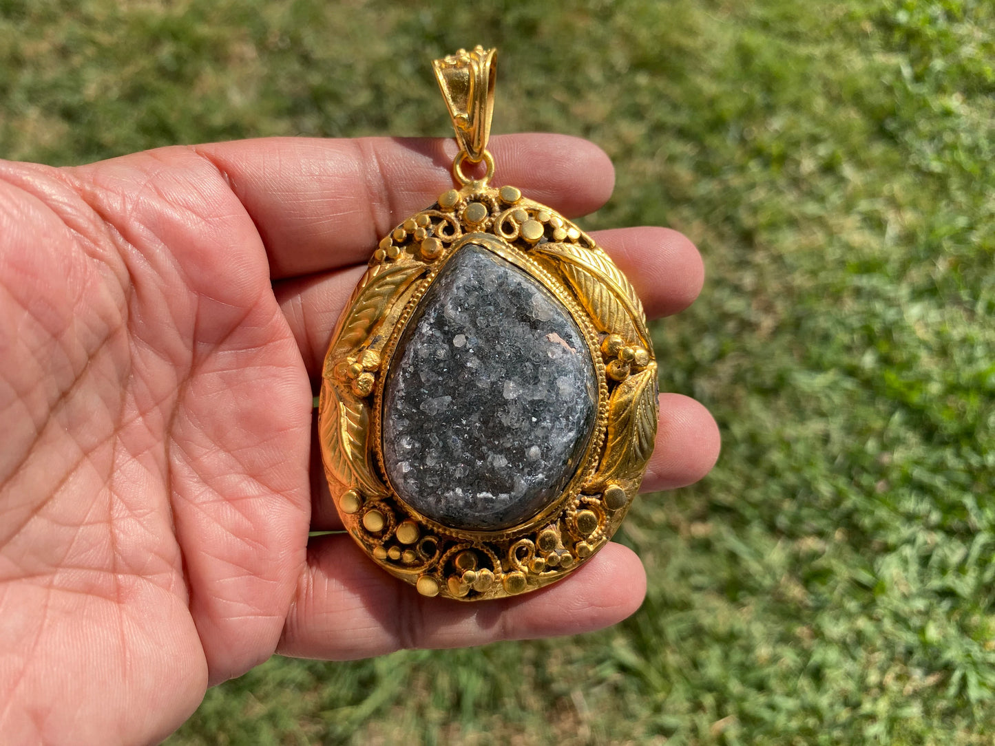 Large Agate Druzy Pendant, Non Tarnish Brushed Gold Overlay, Natural Gemstone Pendant, Healing Crystal, Ethnic Jewelry, Luxury Pendant