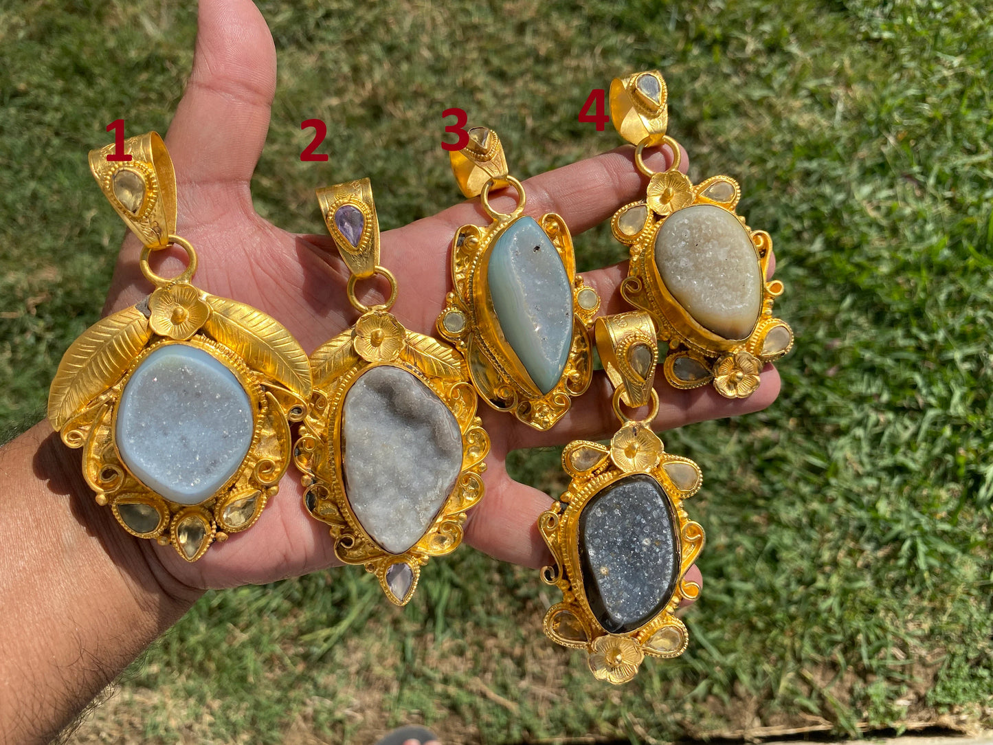Large Agate Druzy Pendant, Non Tarnish Brushed Gold Overlay, Natural Gemstone Pendant, Healing Crystal, Ethnic Jewelry, Luxury Pendant