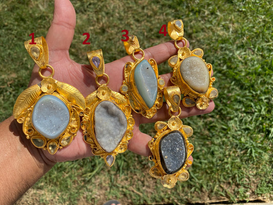 Large Agate Druzy Pendant, Non Tarnish Brushed Gold Overlay, Natural Gemstone Pendant, Healing Crystal, Ethnic Jewelry, Luxury Pendant