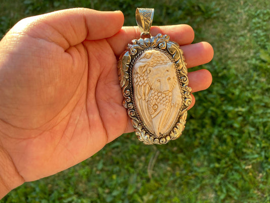 Large Bear & Eagle Buffalo Bone Hand Carved Tibetan Silver Pendant, Jewelry for Men or Women, Wildlife Animal Lover Gift, For Bird Lovers