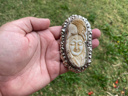 Large Bear & Eagle with Lady Face Hand Carved Bone Tibetan Silver Pendant, Women's or Men Jewelry, Tribal Jewelry, Ethnic Bohemian Jewelry