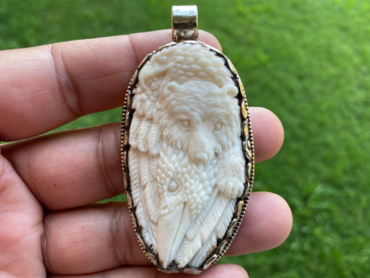 Large Bear with Eagle Buffalo Bone Hand Carved Tibetan Silver Pendant, Deer Designs Pendant, Jewelry for Men or Women, Animal Lover Pendant