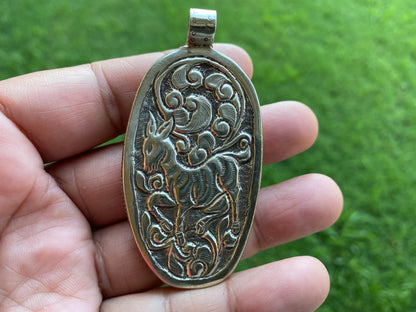 Large Bear with Eagle Buffalo Bone Hand Carved Tibetan Silver Pendant, Deer Designs Pendant, Jewelry for Men or Women, Animal Lover Pendant