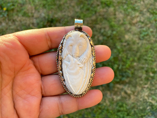 Large Bear with Fox Buffalo Bone Hand Carved Tibetan Silver Pendant, Jewelry for Men or Women, Ethnic Jewelry, Animal Designs Pendant