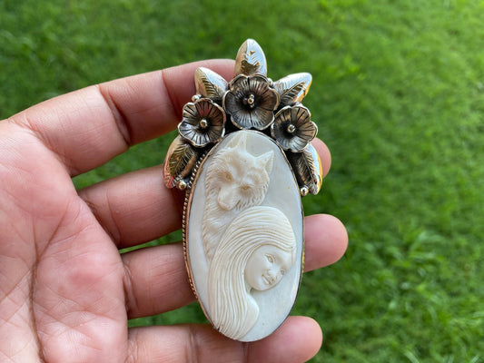 Large Bear with Lady Face Pendant, Hand Carved Buffalo Bone Tibetan Silver Pendant, Women's Jewelry, Tribal Jewelry, Ethnic Boho Jewelry,