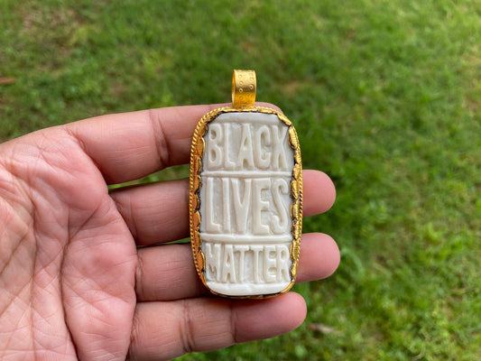 Large Black Lives Matter Carved Buffalo Bone Pendant, 18K Brushed Gold Overlay Non Tarnish, Men & Women  Jewelry, Support for Black Movement
