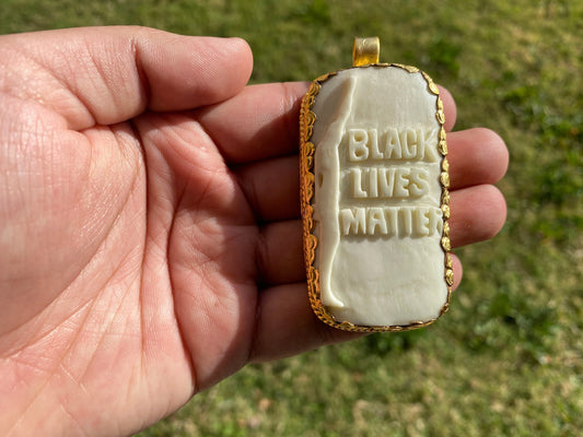 Large Black Lives Matter Carved Buffalo Bone Pendant, 18K Brushed Gold Overlay Non Tarnish, Men & Women  Jewelry, Support for Black Movement