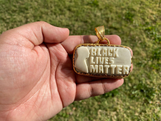 Large Black Lives Matter Hand carved Buffalo Bone Pendant, 18k Brushed Gold Overlay Pendant, Support for Black People, African American, BLM
