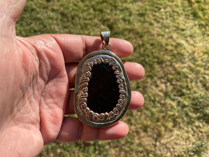 Large Black Obsidian Buddha Head Tibetan Silver Pendant, Buddhist Jewelry, Yoga Pendant for Necklace, Spiritual Jewelry, Bodhisattva Amulet