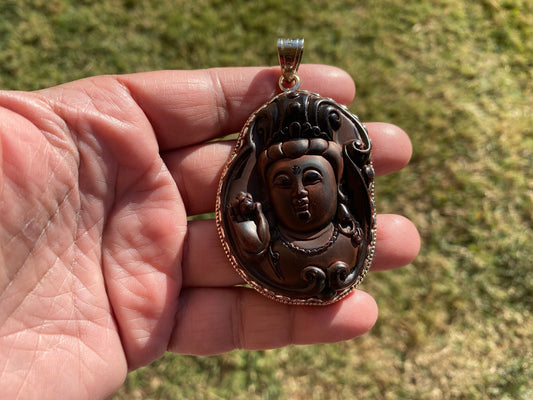 Large Black Obsidian Buddha Head Tibetan Silver Pendant, Buddhist Jewelry, Yoga Pendant for Necklace, Spiritual Jewelry, Bodhisattva Amulet