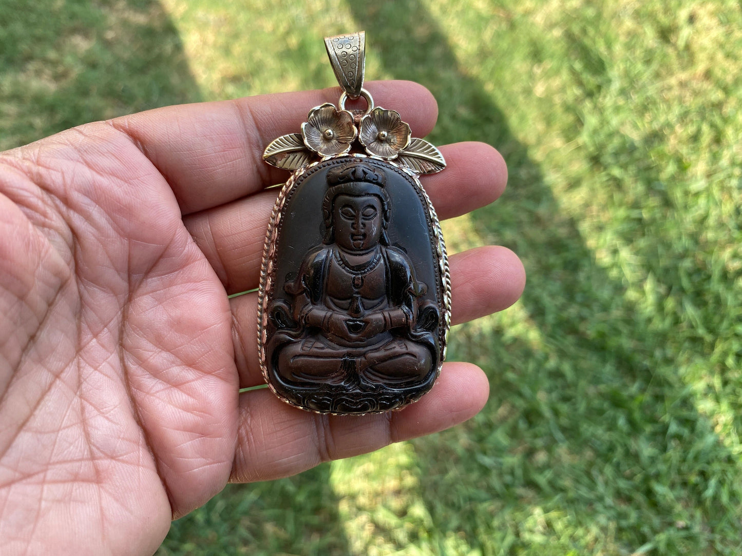 Large Black Obsidian Buddha Tibetan Silver Pendant, Protection Pendant, Yoga Pendant, Unisex necklace, Bodhisattva Amulet Talisman